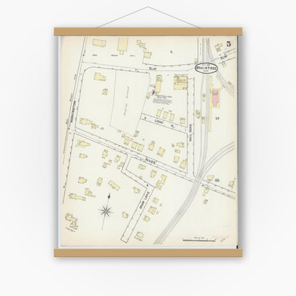 Old map wall art mockup — magnetic wood frame on white wall — Sanborn Fire Insurance Map from Braintree, Norfolk County, Massachusetts (1891), Sheet #0005