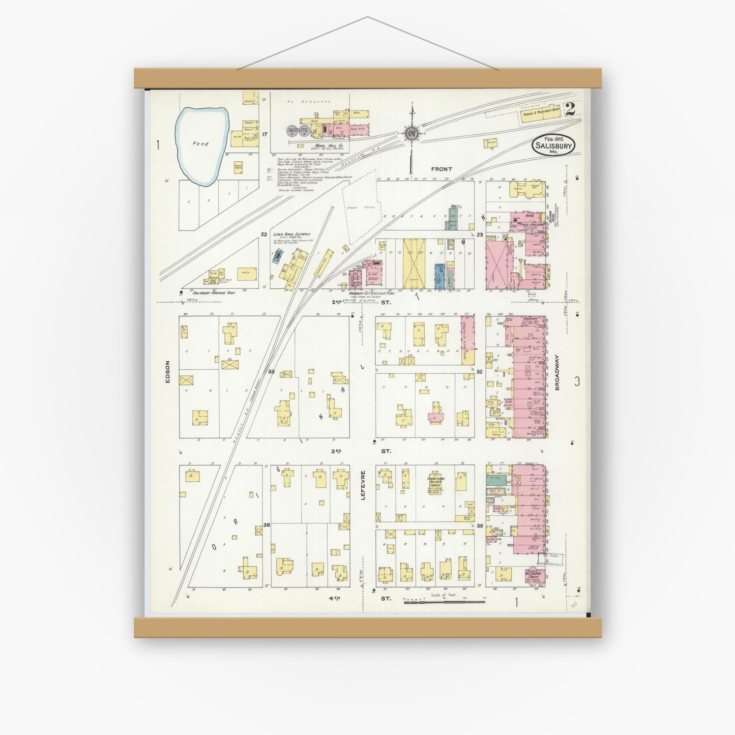 Old map wall art mockup — magnetic wood frame on white wall — Sanborn Fire Insurance Map from Salisbury, Chariton County, Missouri (1910), Sheet #0002