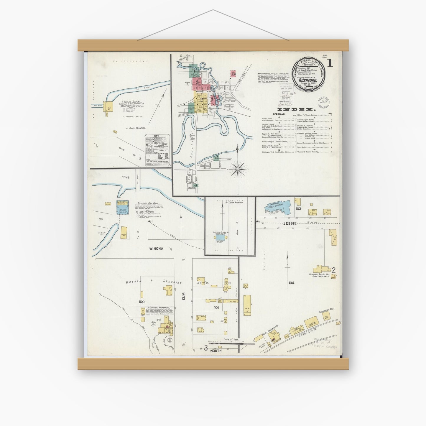 Old map wall art mockup — magnetic wood frame on white wall — Sanborn Fire Insurance Map from Rushford, Fillmore County, Minnesota (1900), Sheet #0001