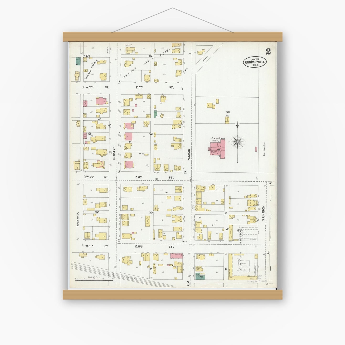 Old map wall art mockup — magnetic wood frame on white wall — Sanborn Fire Insurance Map from Uhrichsville, Tuscarawas County, Ohio (1901), Sheet #0002