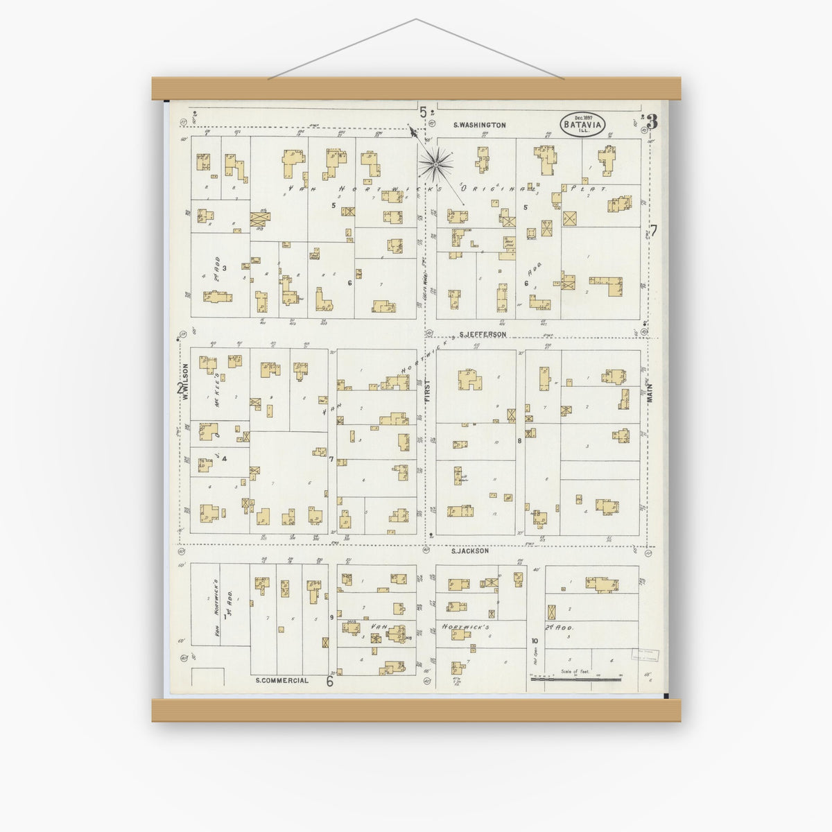 Old map wall art mockup — magnetic wood frame on white wall — Sanborn Fire Insurance Map from Batavia, Kane County, Illinois (1897), Sheet #0003