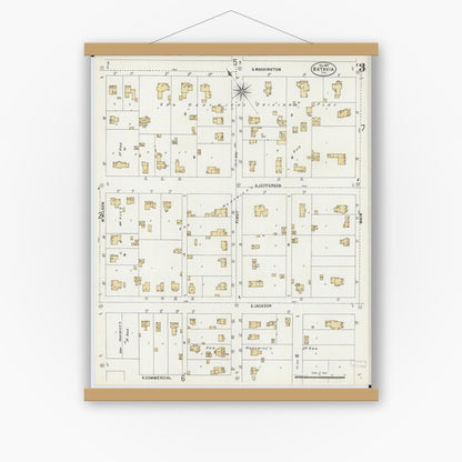 Old map wall art mockup — magnetic wood frame on white wall — Sanborn Fire Insurance Map from Batavia, Kane County, Illinois (1897), Sheet #0003