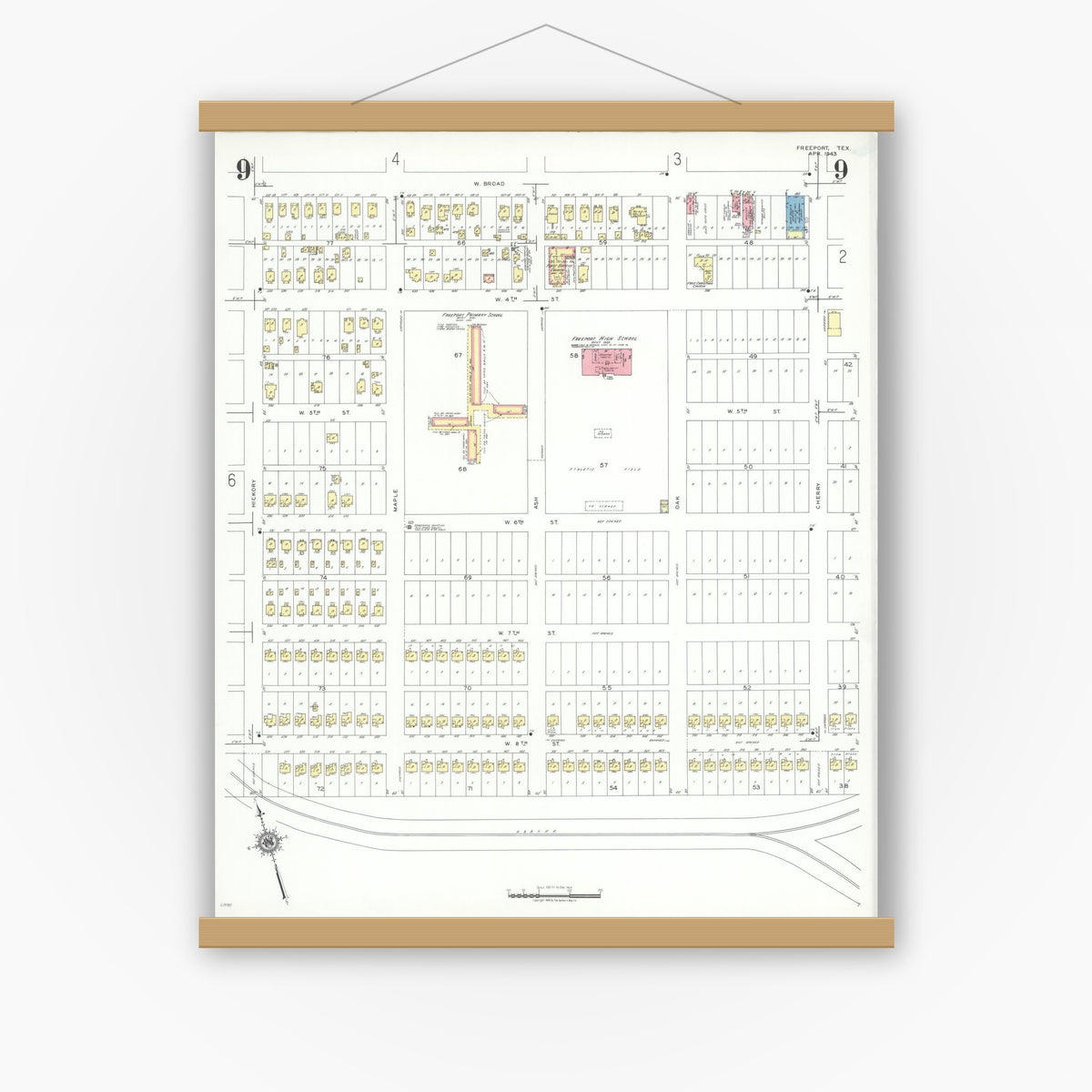 Old map wall art mockup — magnetic wood frame on white wall — Sanborn Fire Insurance Map from Freeport, Brazoria County, Texas (1943), Sheet #0009
