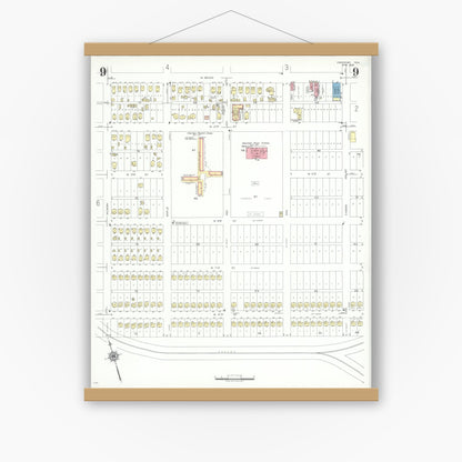 Old map wall art mockup — magnetic wood frame on white wall — Sanborn Fire Insurance Map from Freeport, Brazoria County, Texas (1943), Sheet #0009