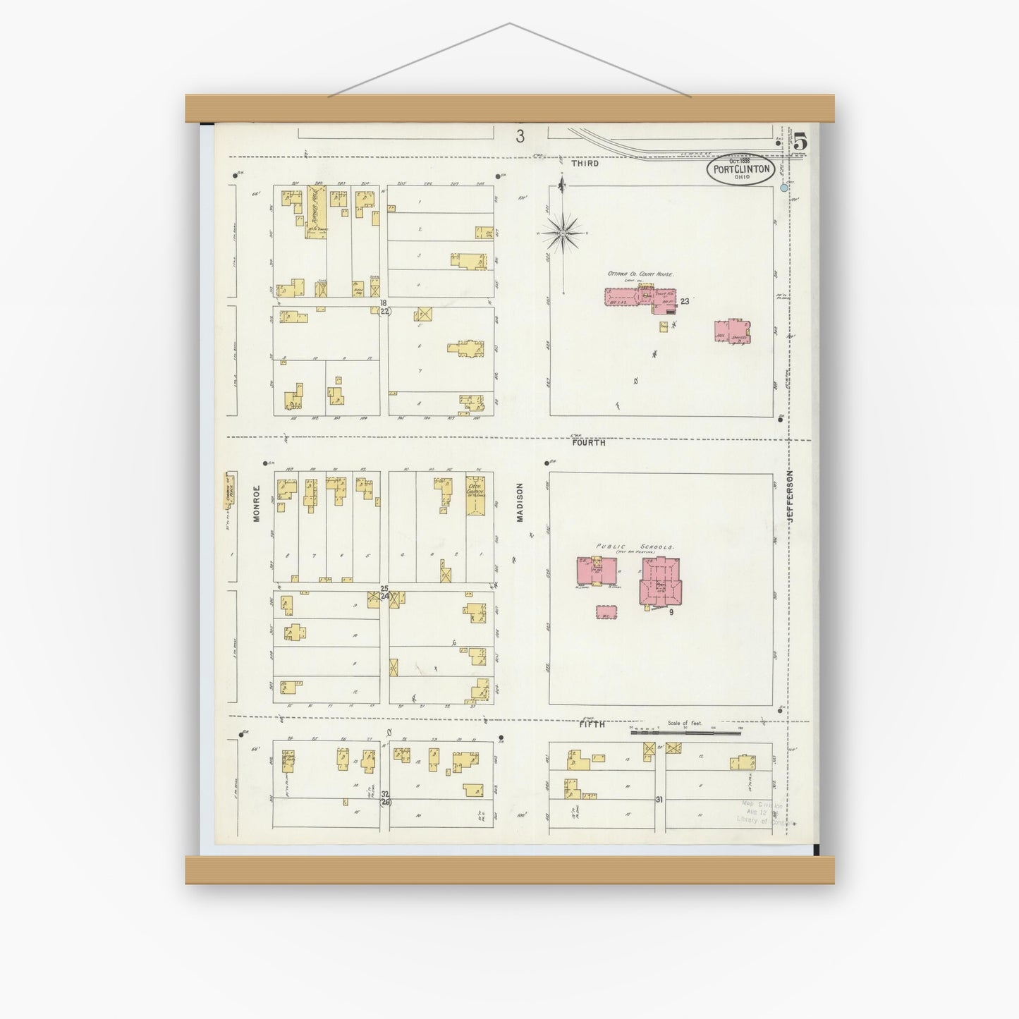 Old map wall art mockup — magnetic wood frame on white wall — Sanborn Fire Insurance Map from Port Clinton, Ottawa County, Ohio (1898), Sheet #0005