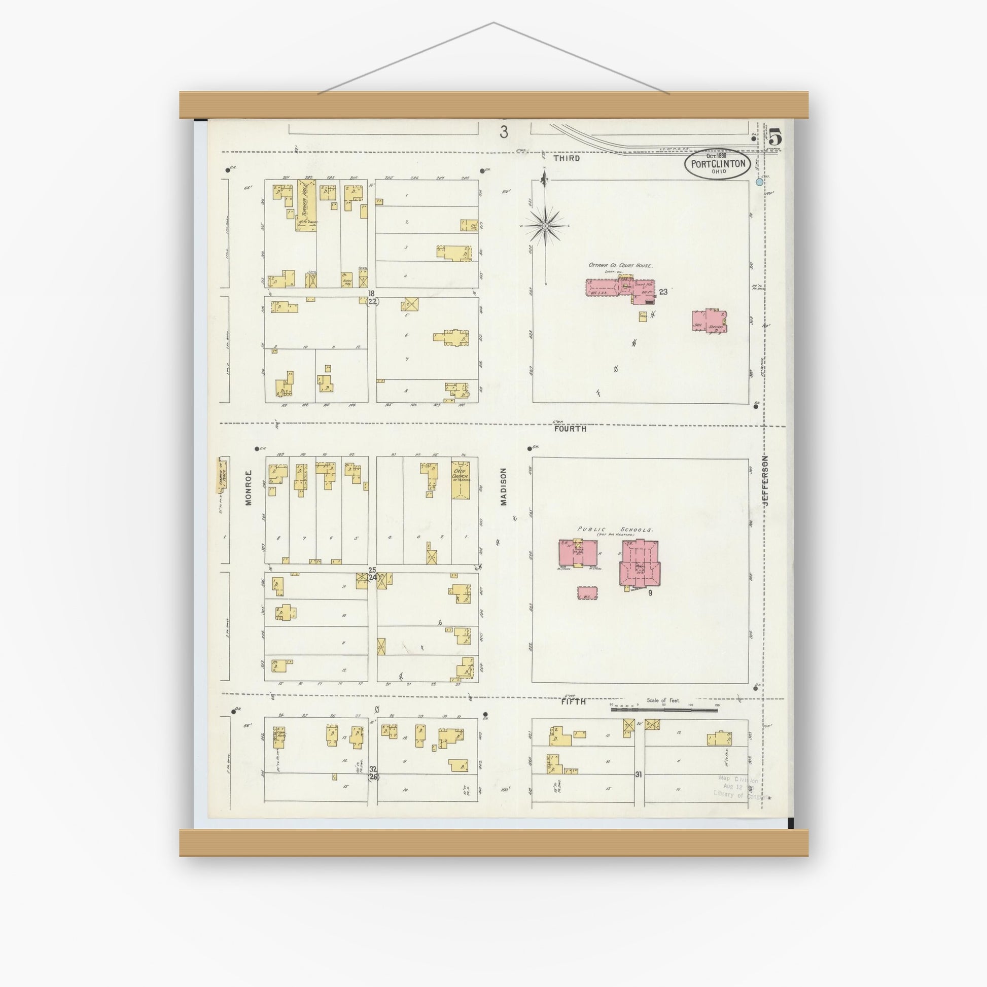 Old map wall art mockup — magnetic wood frame on white wall — Sanborn Fire Insurance Map from Port Clinton, Ottawa County, Ohio (1898), Sheet #0005