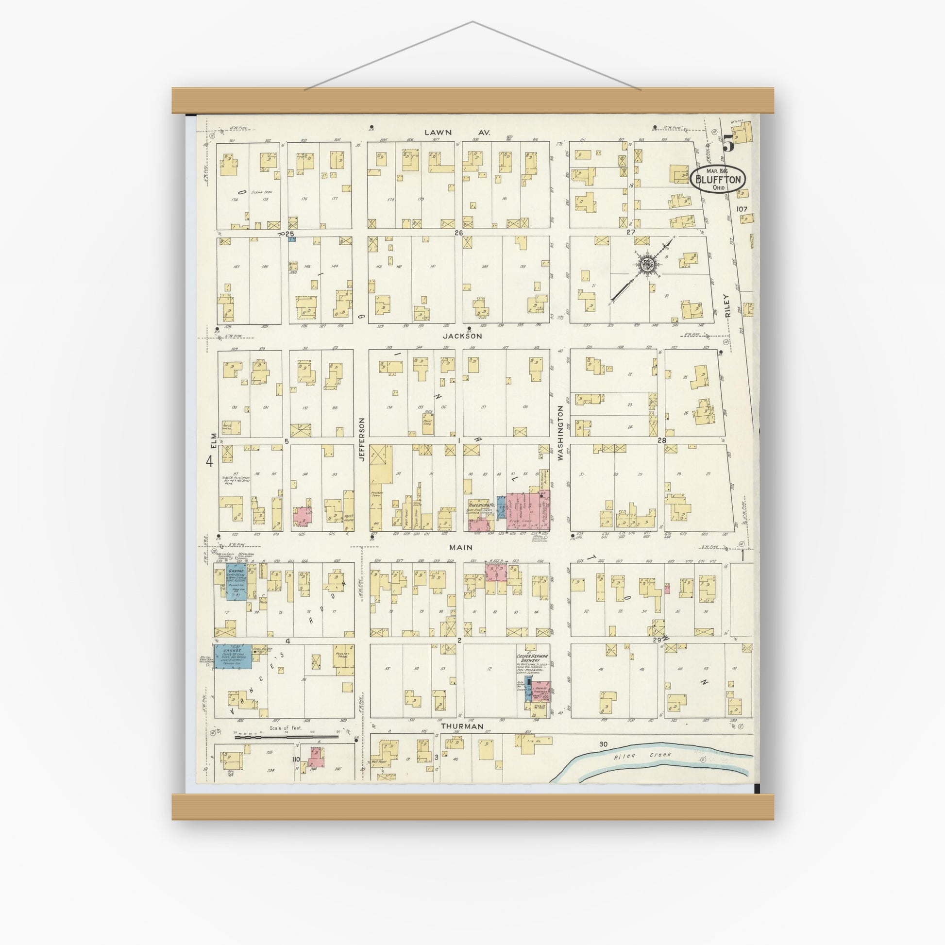 Old map wall art mockup — magnetic wood frame on white wall — Sanborn Fire Insurance Map from Bluffton, Allen County, Ohio (1916), Sheet #0005
