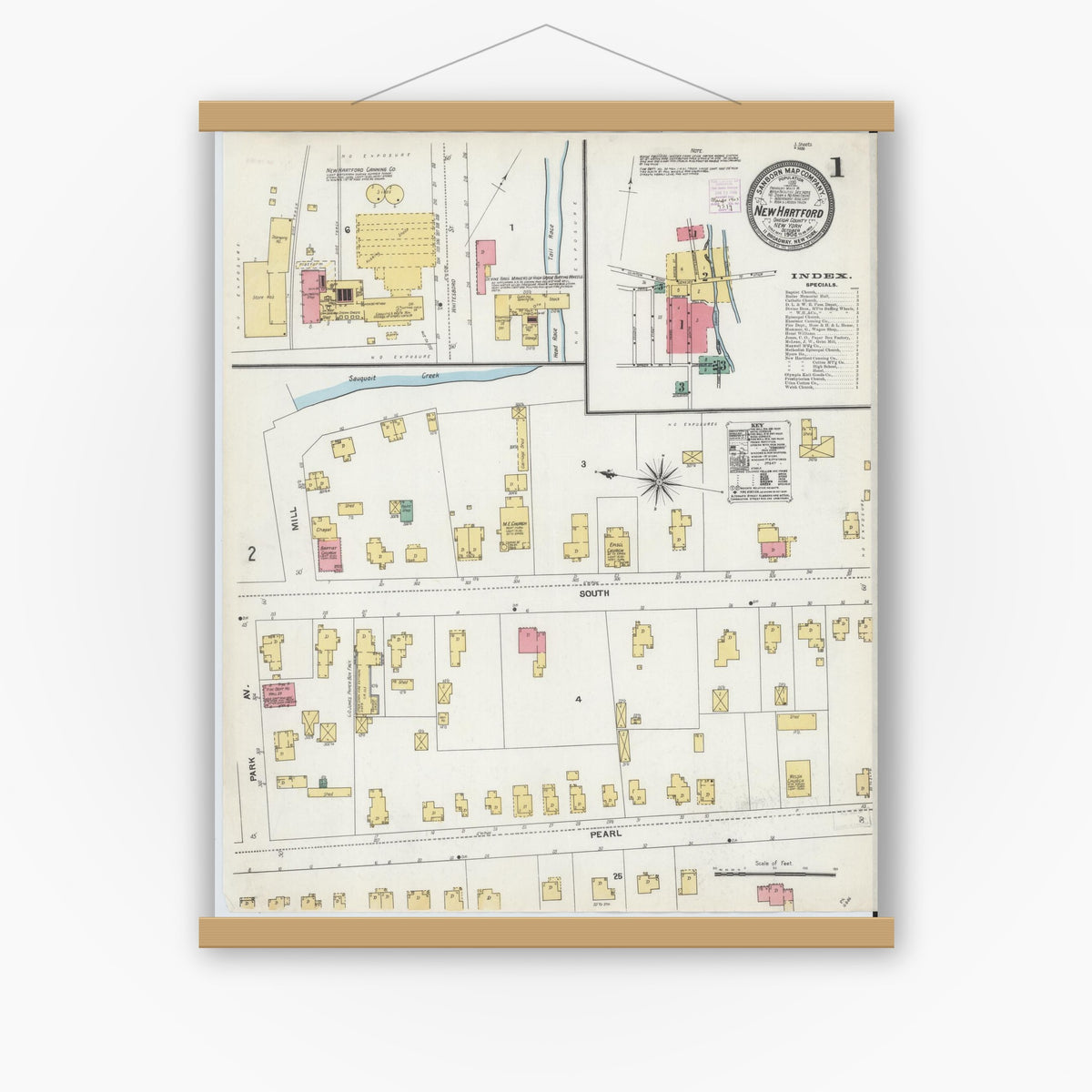 Old map wall art mockup — magnetic wood frame on white wall — Sanborn Fire Insurance Map from New Hartford, Oneida County, New York (1904) - Complete Map Set