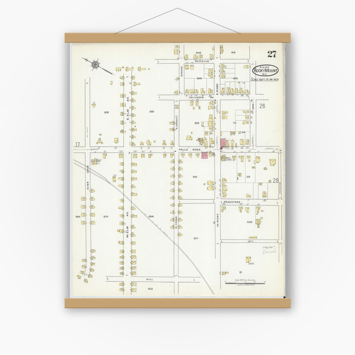 Old map wall art mockup — magnetic wood frame on white wall — Sanborn Fire Insurance Map from Rocky Mount, Edgecombe And Nash Counties, North Carolina (1917), Sheet #0027