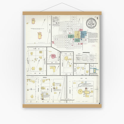 Old map wall art mockup — magnetic wood frame on white wall — Sanborn Fire Insurance Map from Clifton, Bosque County, Texas (1911), Sheet #0001