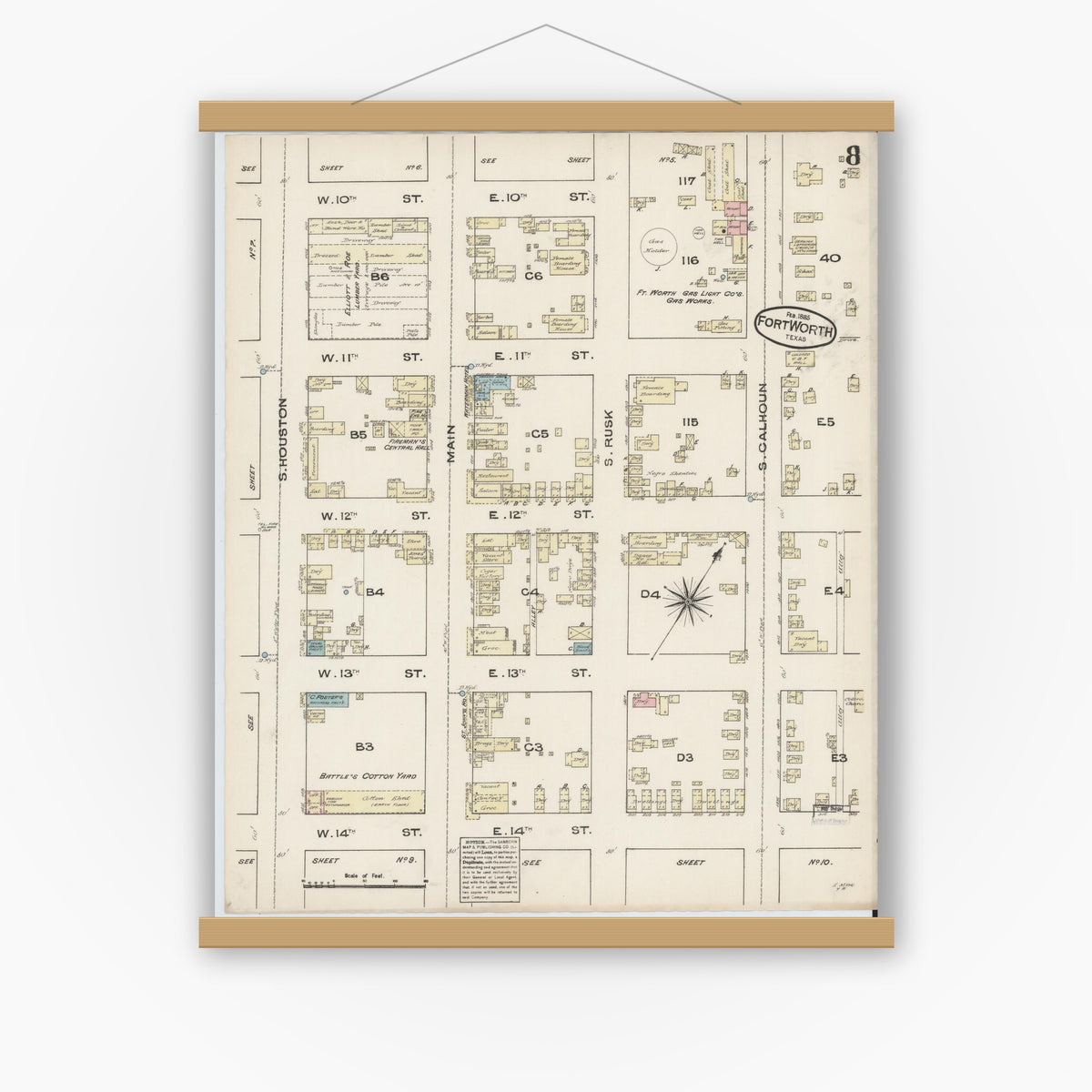 Old map wall art mockup — magnetic wood frame on white wall — Sanborn Fire Insurance Map from Fort Worth, Tarrant County, Texas (1885), Sheet #0008