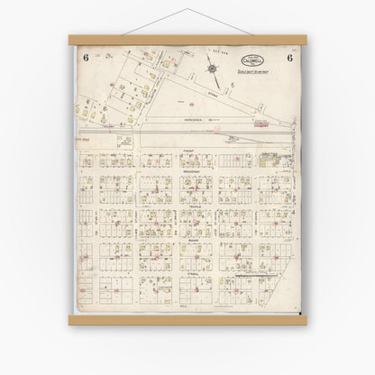 Old map wall art mockup — magnetic wood frame on white wall — Sanborn Fire Insurance Map from Caldwell, Burleson County, Texas (1943), Sheet #0006
