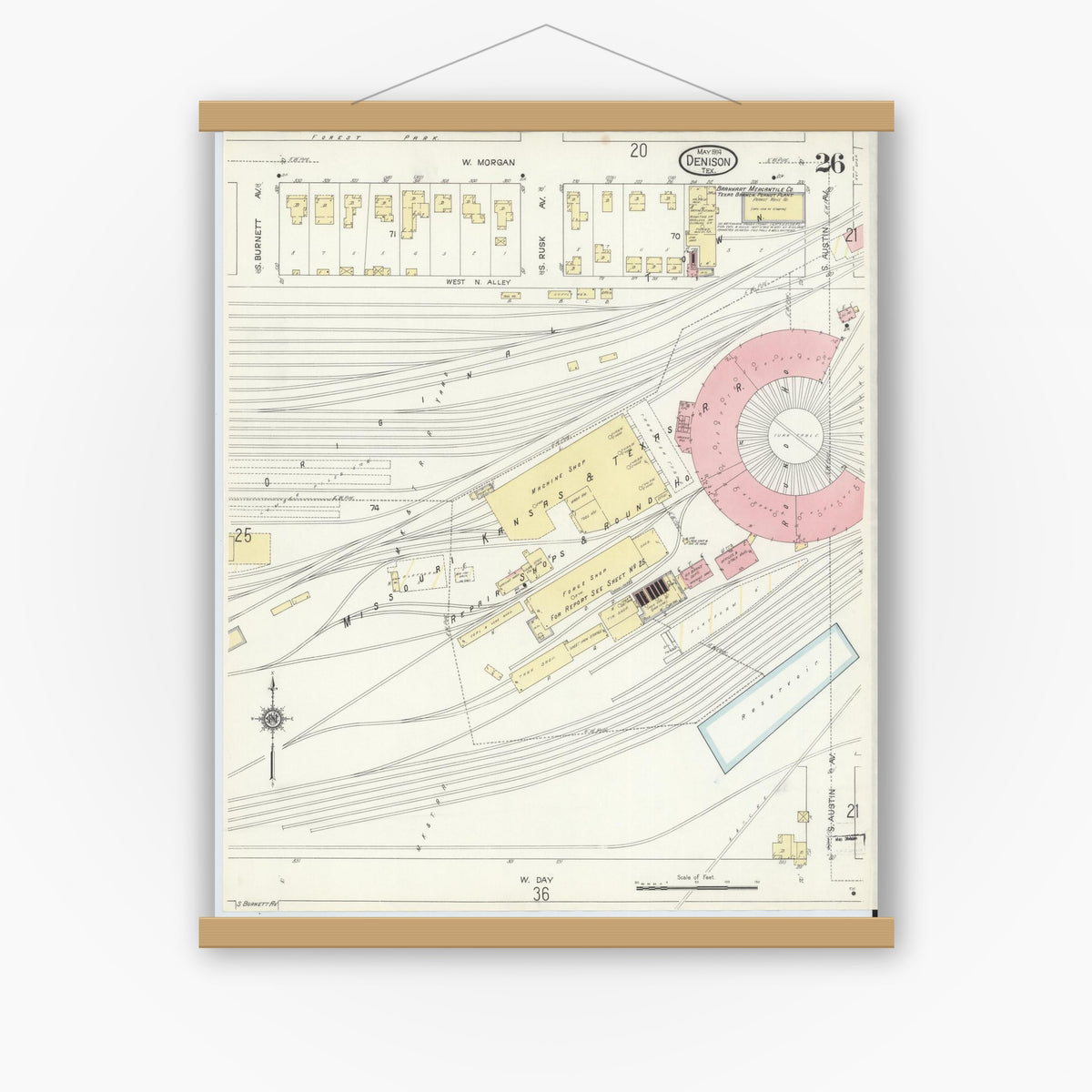 Old map wall art mockup — magnetic wood frame on white wall — Sanborn Fire Insurance Map from Denison, Grayson County, Texas (1914), Sheet #0026