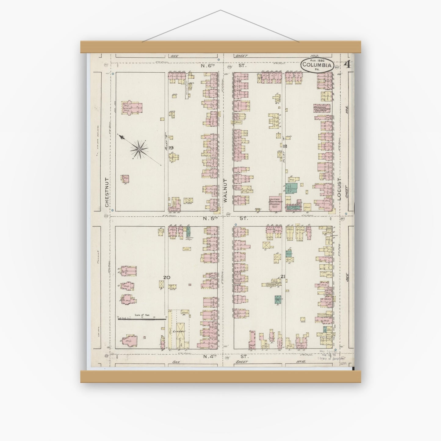 Old map wall art mockup — magnetic wood frame on white wall — Sanborn Fire Insurance Map from Columbia, Lancaster County, Pennsylvania (1886), Sheet #0004