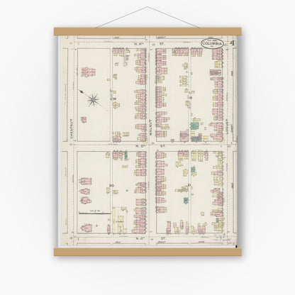 Old map wall art mockup — magnetic wood frame on white wall — Sanborn Fire Insurance Map from Columbia, Lancaster County, Pennsylvania (1886), Sheet #0004
