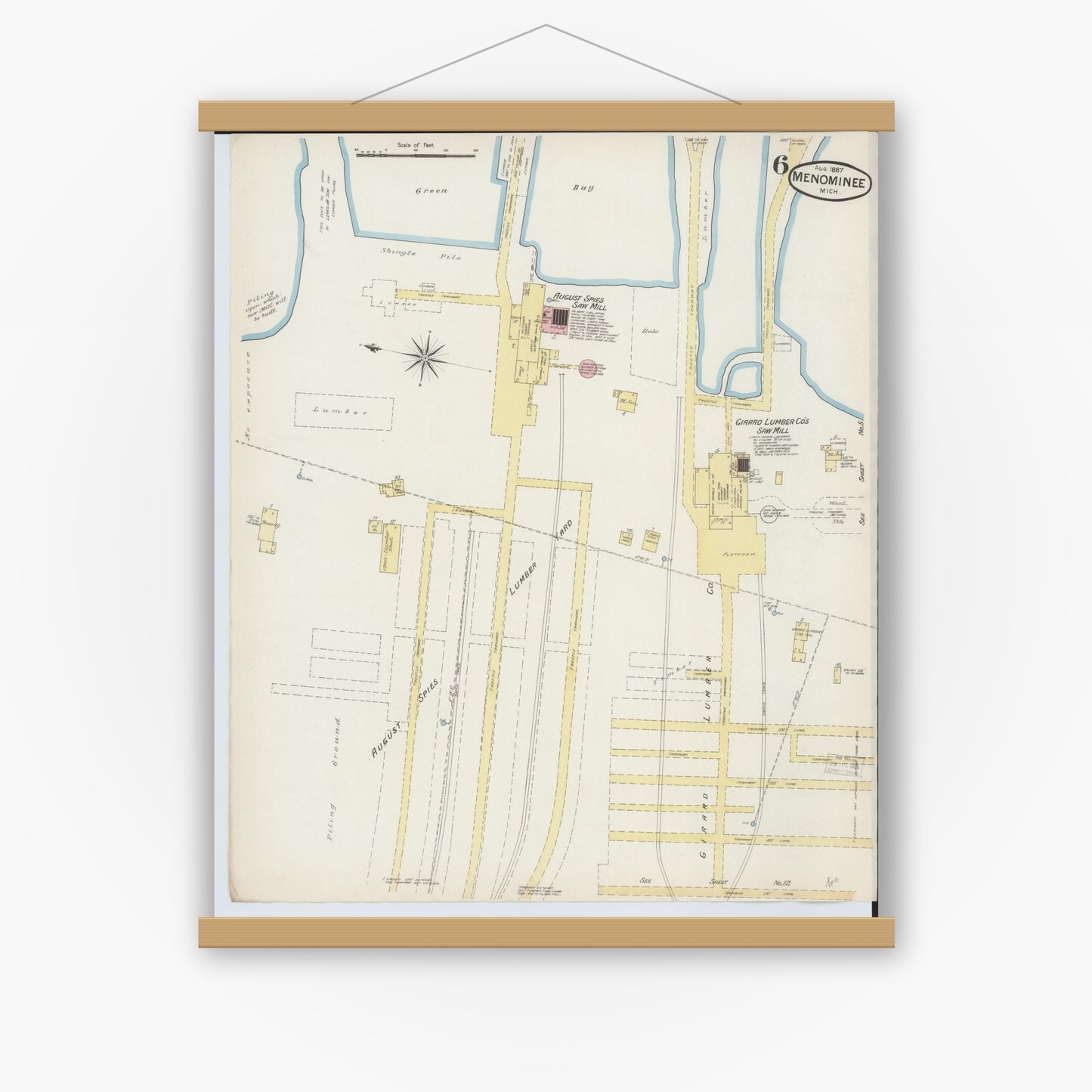 Old map wall art mockup — magnetic wood frame on white wall — Sanborn Fire Insurance Map from Menominee, Menominee County, Michigan (1887), Sheet #0006