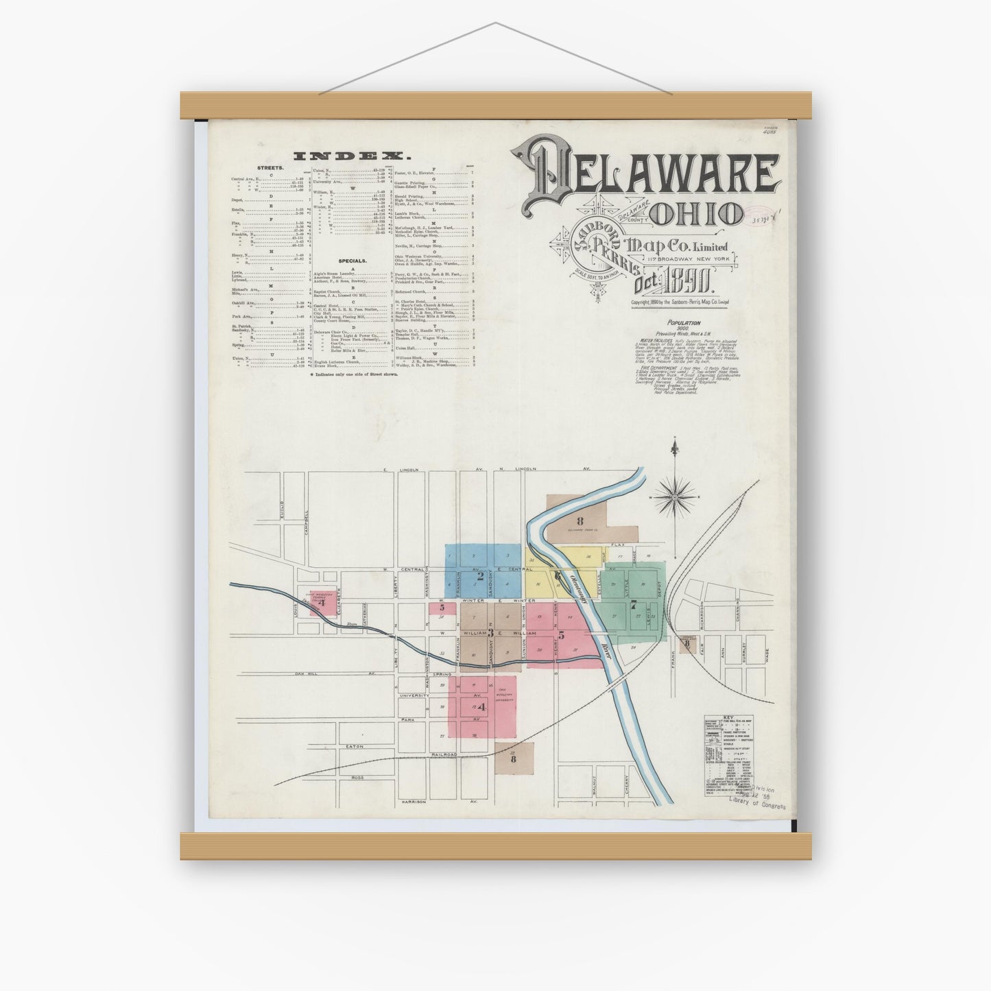 Old map wall art mockup — magnetic wood frame on white wall — Sanborn Fire Insurance Map from Delaware, Delaware County, Ohio (1890), Sheet #0001