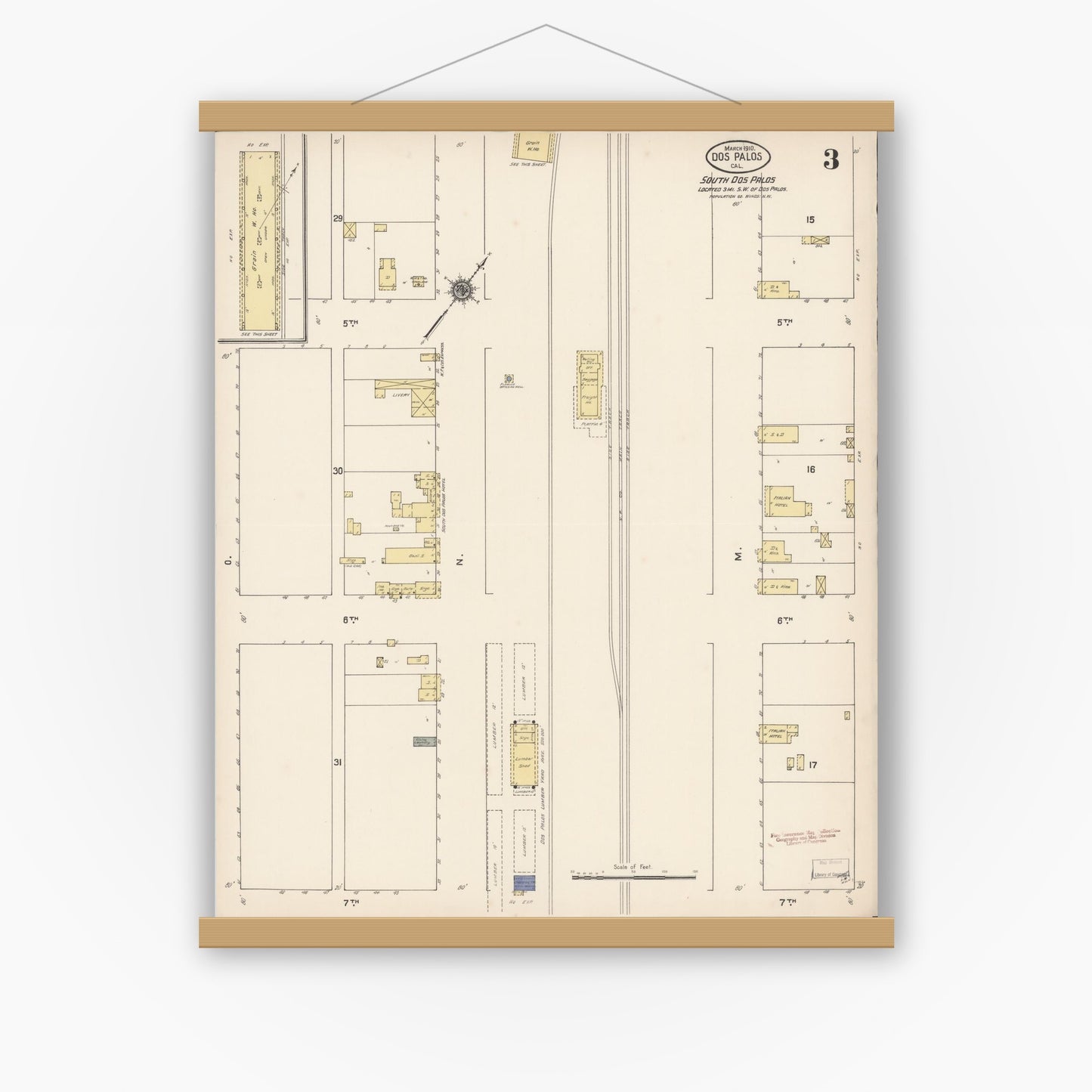 Old map wall art mockup — magnetic wood frame on white wall — Sanborn Fire Insurance Map from Dos Palos, Merced County, California (1910), Sheet #0003