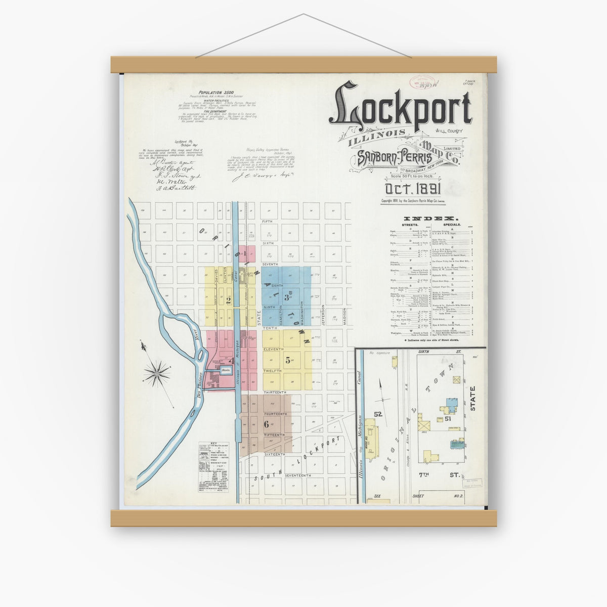 Old map wall art mockup — magnetic wood frame on white wall — Sanborn Fire Insurance Map from Lockport, Will County, Illinois (1891), Sheet #0001