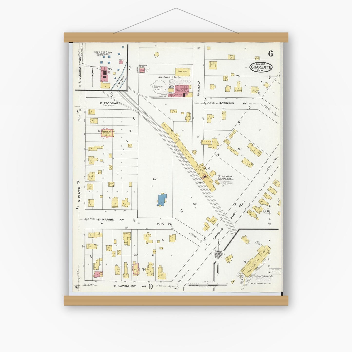 Old map wall art mockup — magnetic wood frame on white wall — Sanborn Fire Insurance Map from Charlotte, Eaton County, Michigan (1918), Sheet #0006