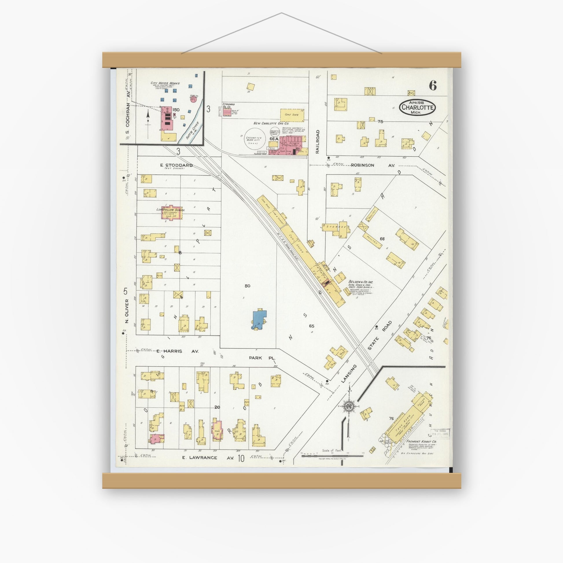 Old map wall art mockup — magnetic wood frame on white wall — Sanborn Fire Insurance Map from Charlotte, Eaton County, Michigan (1918), Sheet #0006