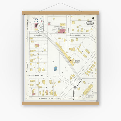 Old map wall art mockup — magnetic wood frame on white wall — Sanborn Fire Insurance Map from Charlotte, Eaton County, Michigan (1918), Sheet #0006