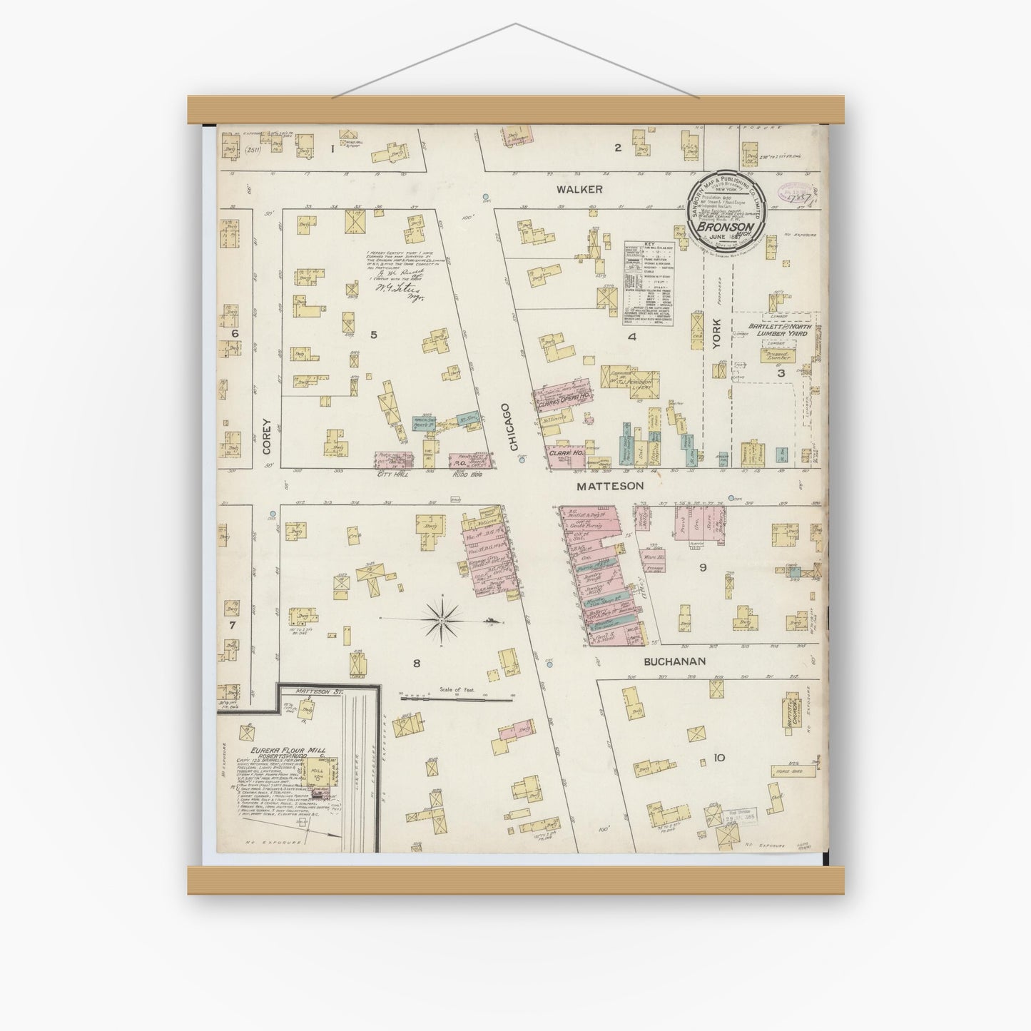 Old map wall art mockup — magnetic wood frame on white wall — Sanborn Fire Insurance Map from Bronson, Branch County, Michigan (1887), Sheet #0001