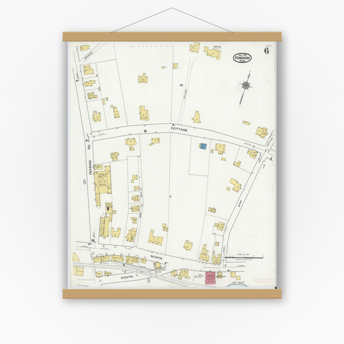 Old map wall art mockup — magnetic wood frame on white wall — Sanborn Fire Insurance Map from Hingham, Plymouth County, Massachusetts (1921), Sheet #0006