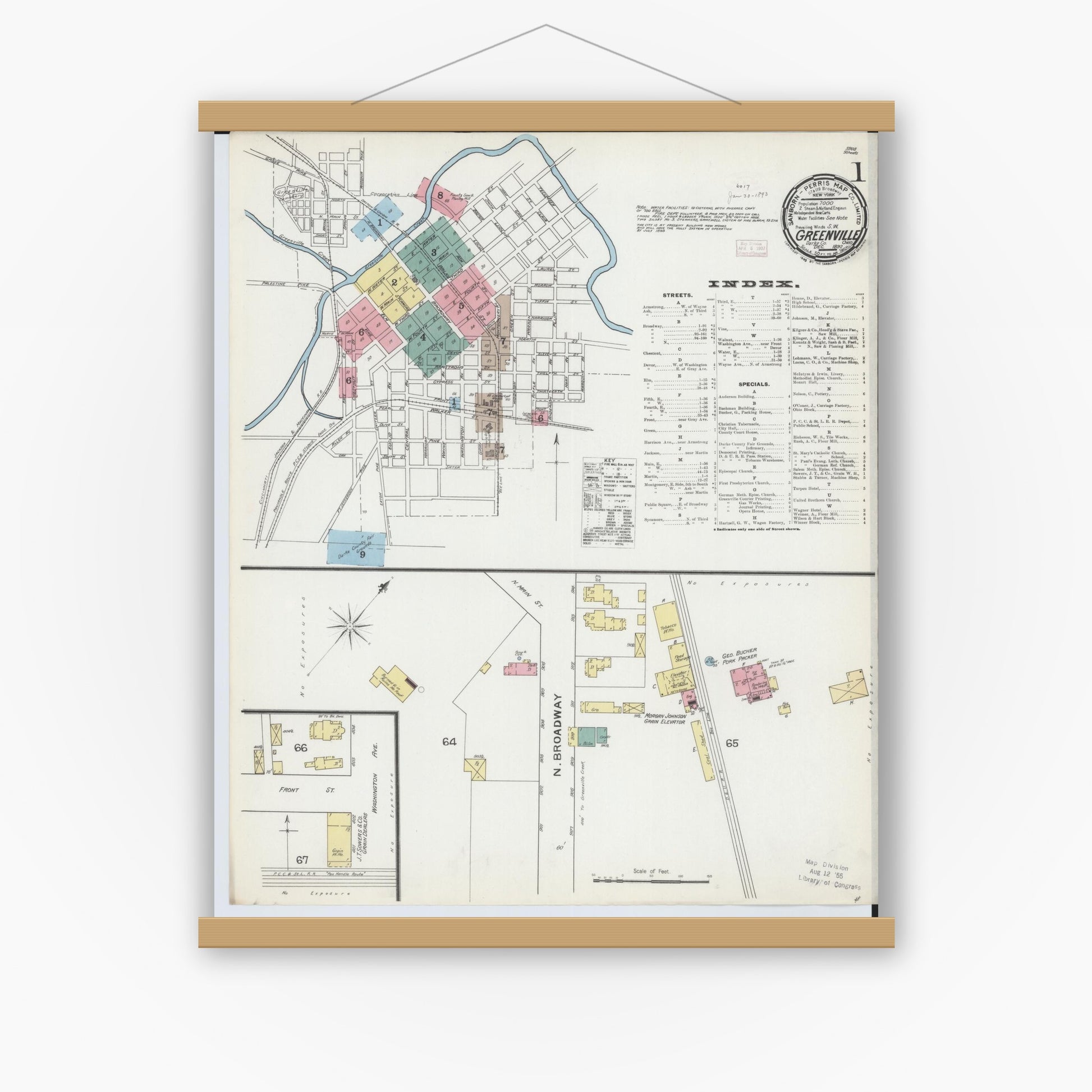 Old map wall art mockup — magnetic wood frame on white wall — Sanborn Fire Insurance Map from Greenville, Darke County, Ohio (1892) - Complete Map Set