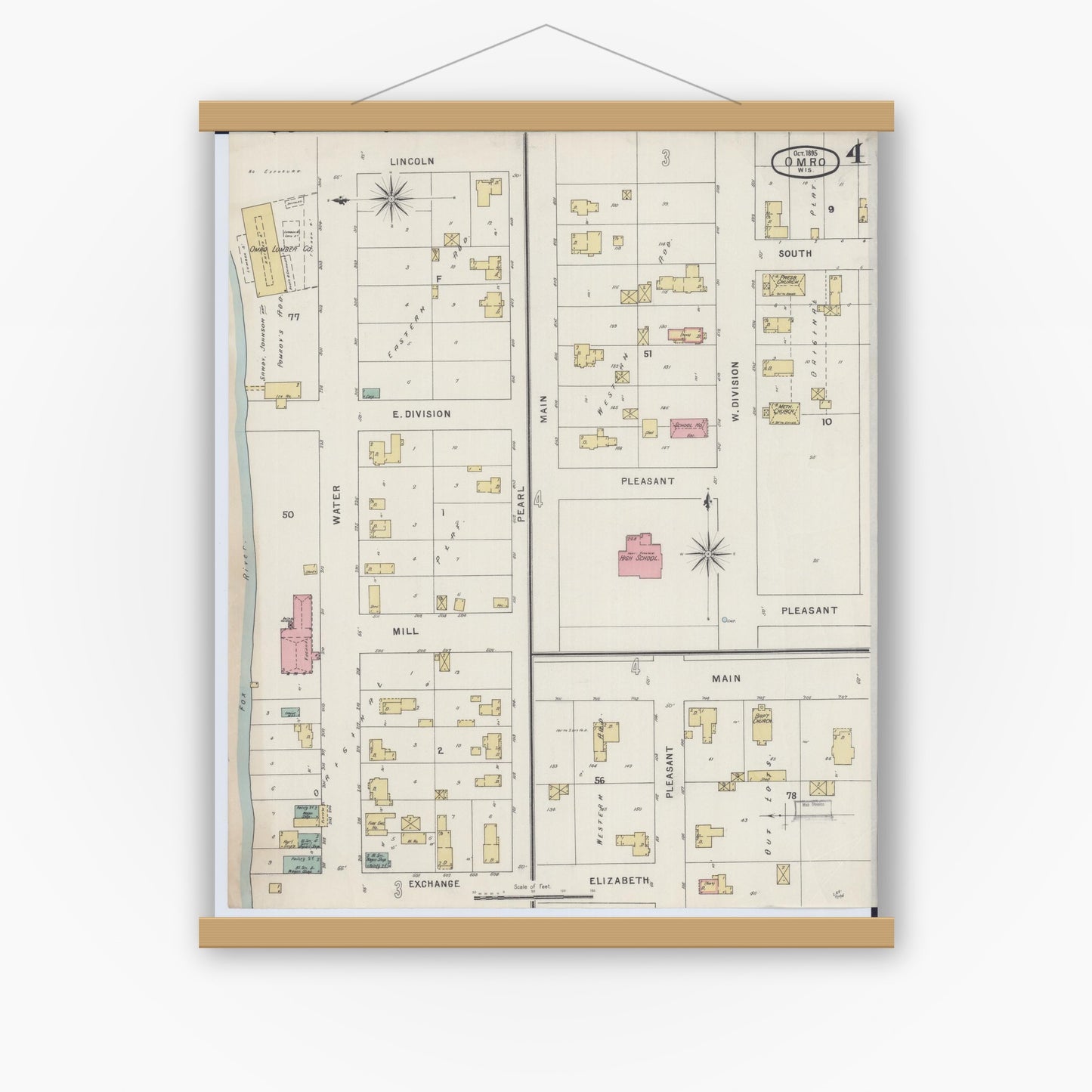 Old map wall art mockup — magnetic wood frame on white wall — Sanborn Fire Insurance Map from Omro, Winnebago County, Wisconsin (1895), Sheet #0004