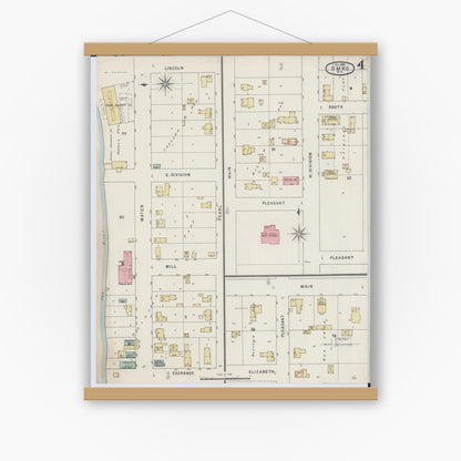 Old map wall art mockup — magnetic wood frame on white wall — Sanborn Fire Insurance Map from Omro, Winnebago County, Wisconsin (1895), Sheet #0004