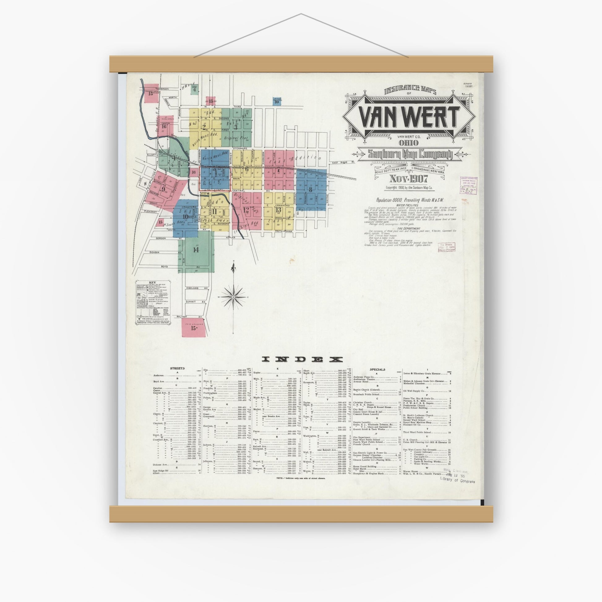 Old map wall art mockup — magnetic wood frame on white wall — Sanborn Fire Insurance Map from Van Wert, Van Wert County, Ohio (1907) - Complete Map Set