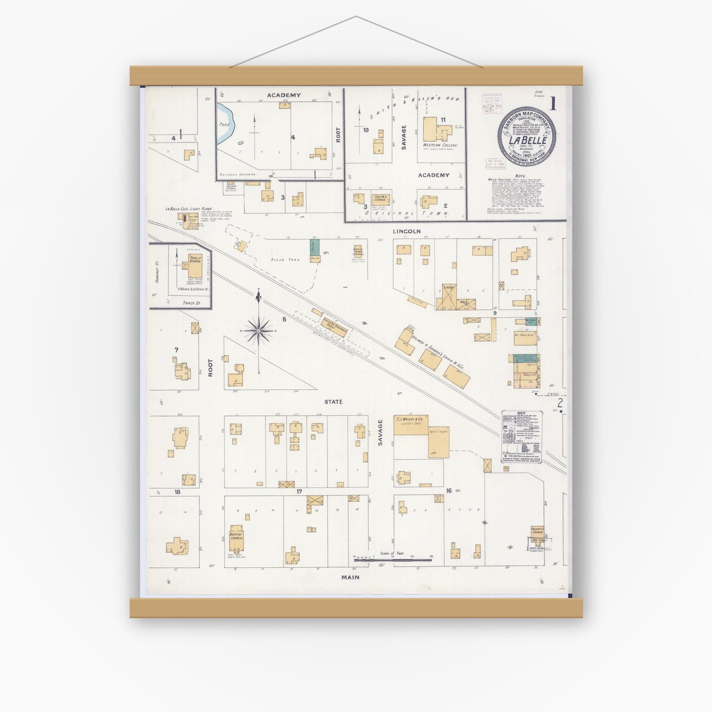 Old map wall art mockup — magnetic wood frame on white wall — Sanborn Fire Insurance Map from La Belle, Lewis County, Missouri (1906), Sheet #0001