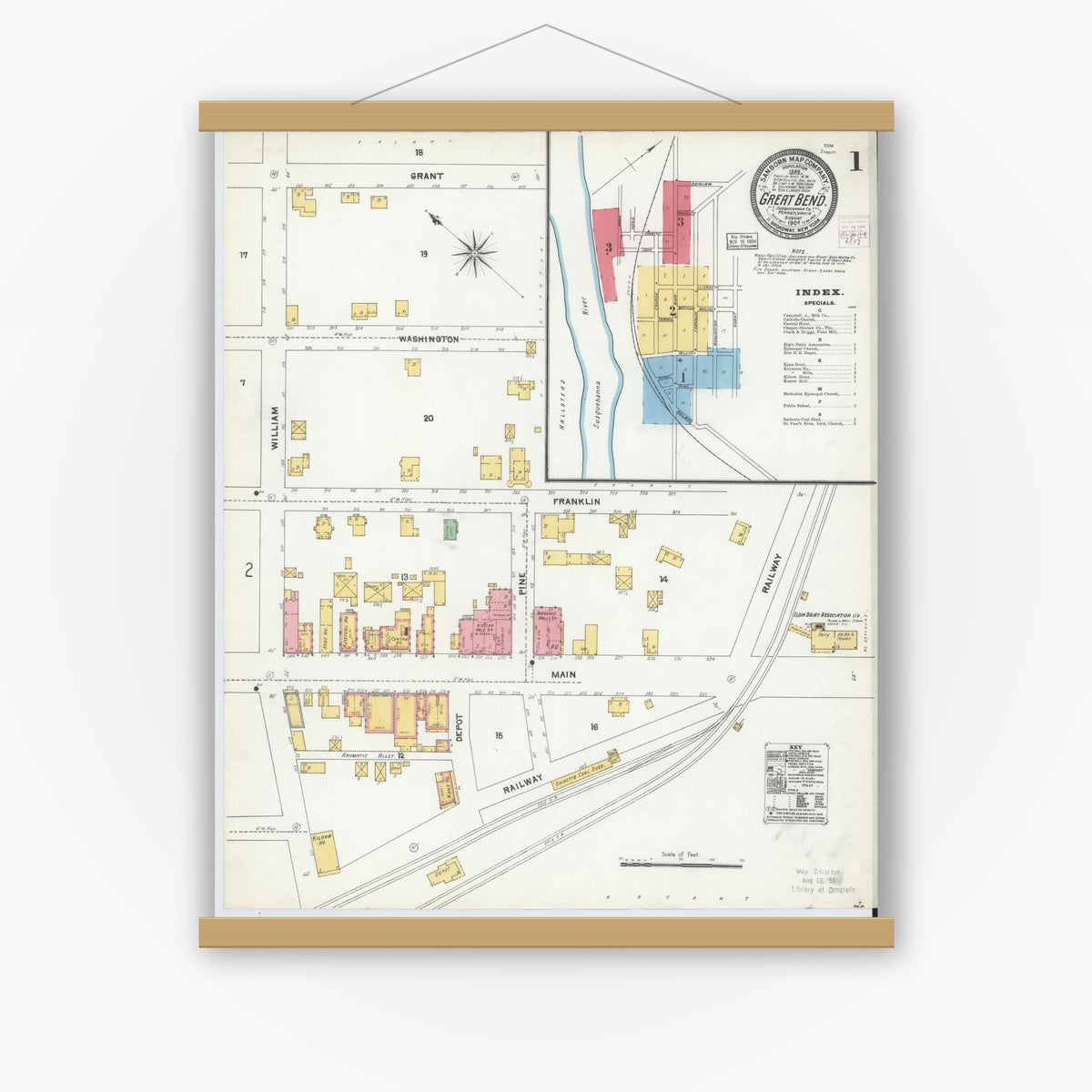 Old map wall art mockup — magnetic wood frame on white wall — Sanborn Fire Insurance Map from Great Bend, Susquehanna County, Pennsylvania (1904) - Complete Map Set