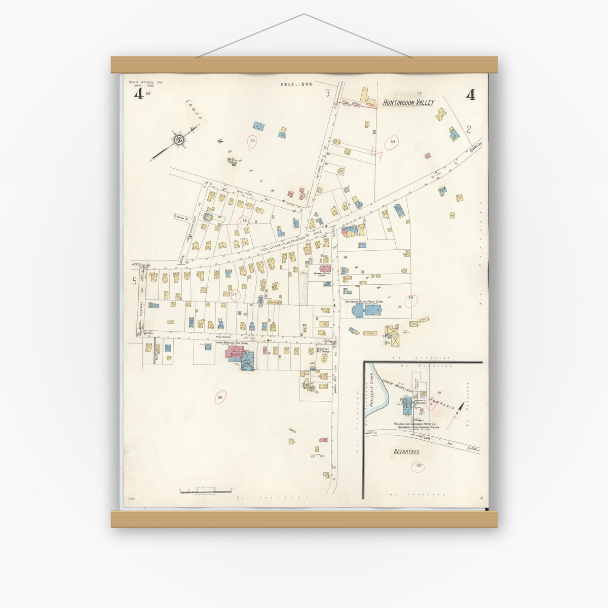 Old map wall art mockup — magnetic wood frame on white wall — Sanborn Fire Insurance Map from Bryn Athyn, Montgomery County, Pennsylvania (1941), Sheet #0004