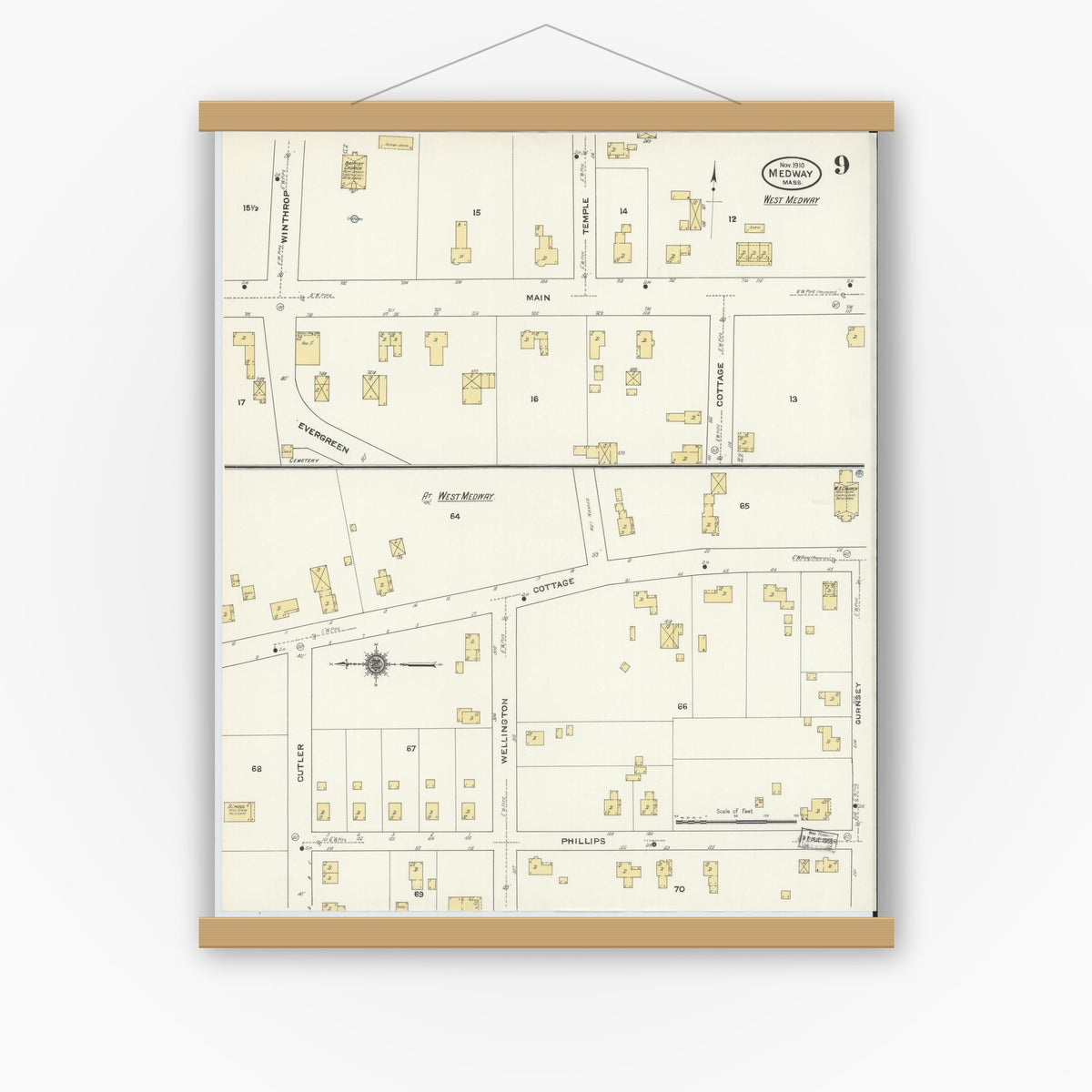 Old map wall art mockup — magnetic wood frame on white wall — Sanborn Fire Insurance Map from Medway, Norfolk County, Massachusetts (1910), Sheet #0009
