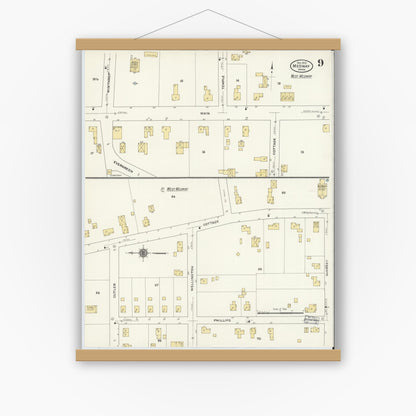 Old map wall art mockup — magnetic wood frame on white wall — Sanborn Fire Insurance Map from Medway, Norfolk County, Massachusetts (1910), Sheet #0009
