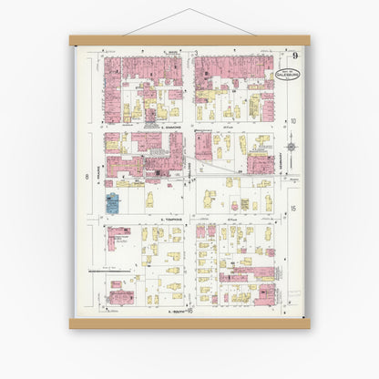 Old map wall art mockup — magnetic wood frame on white wall — Sanborn Fire Insurance Map from Galesburg, Knox County, Illinois (1911), Sheet #0009
