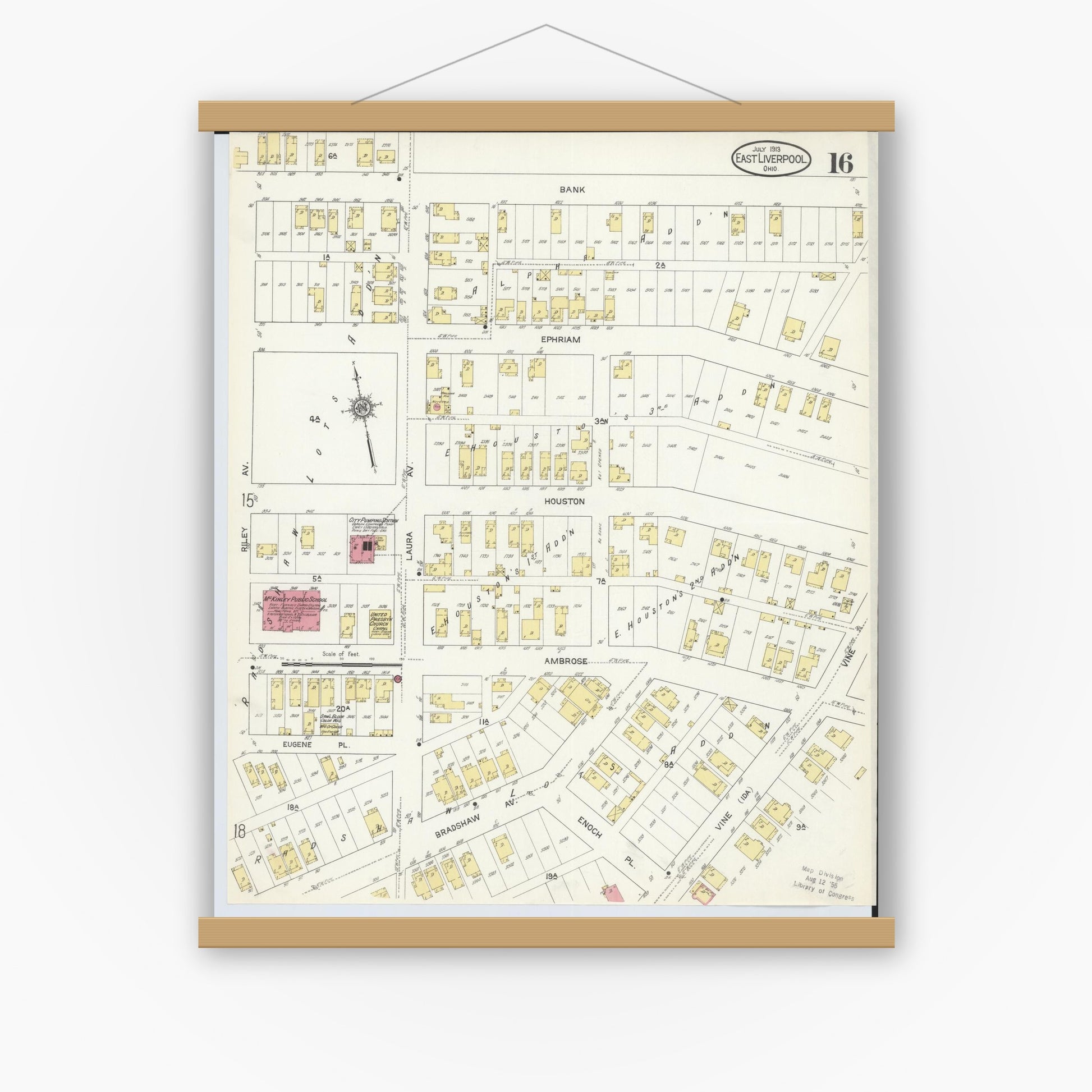 Old map wall art mockup — magnetic wood frame on white wall — Sanborn Fire Insurance Map from East Liverpool, Columbiana County, Ohio (1913), Sheet #0016
