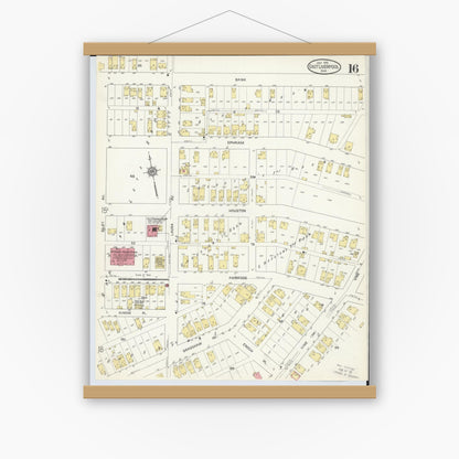 Old map wall art mockup — magnetic wood frame on white wall — Sanborn Fire Insurance Map from East Liverpool, Columbiana County, Ohio (1913), Sheet #0016