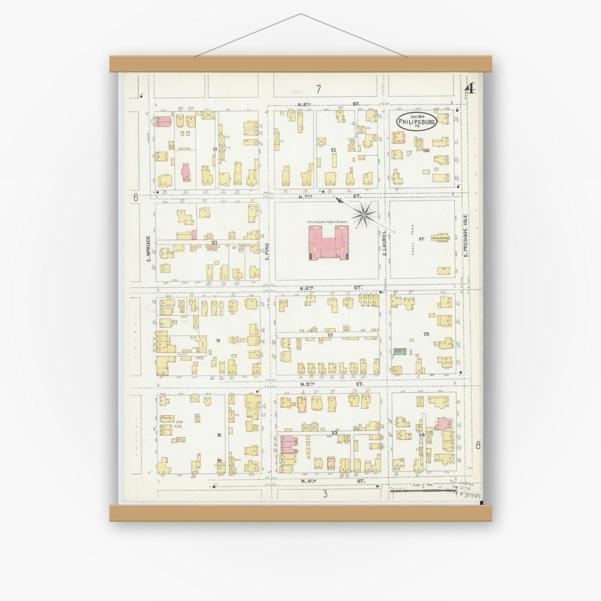 Old map wall art mockup — magnetic wood frame on white wall — Sanborn Fire Insurance Map from Philipsburg, Centre County, Pennsylvania (1904), Sheet #0004