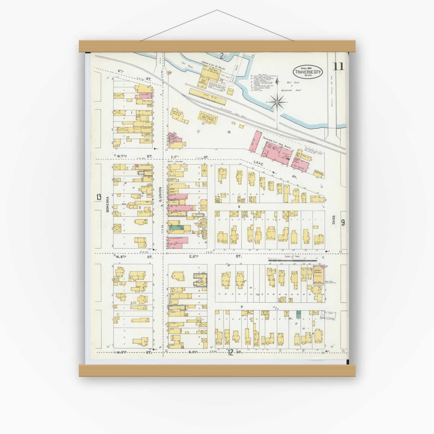 Old map wall art mockup — magnetic wood frame on white wall — Sanborn Fire Insurance Map from Traverse City, Grand Traverse County, Michigan (1904), Sheet #0011