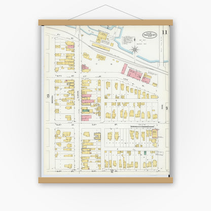Old map wall art mockup — magnetic wood frame on white wall — Sanborn Fire Insurance Map from Traverse City, Grand Traverse County, Michigan (1904), Sheet #0011