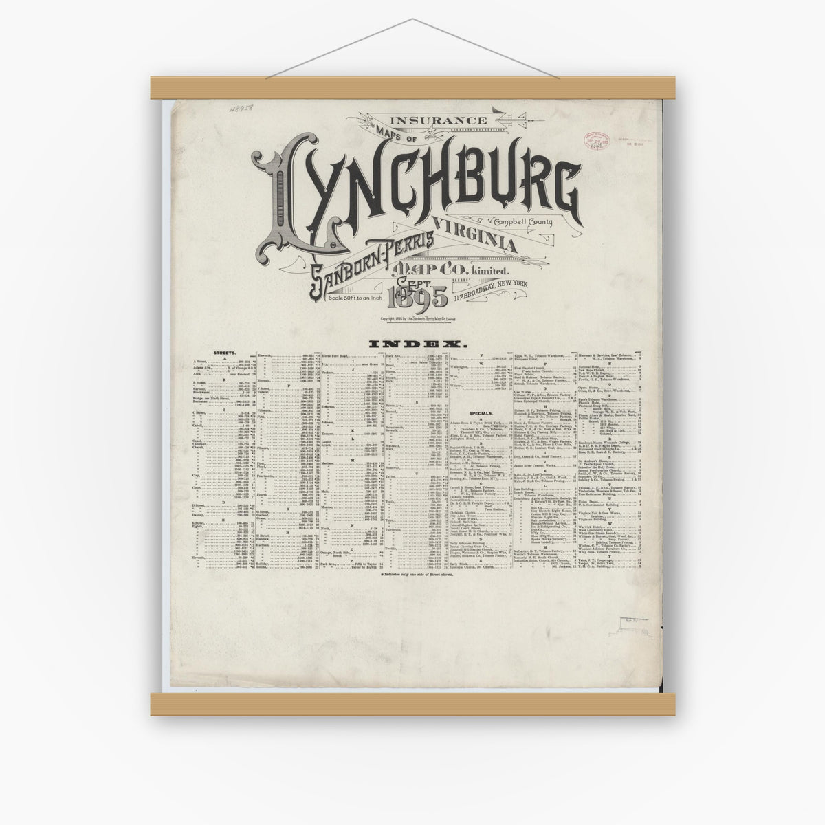 Old map wall art mockup — magnetic wood frame on white wall — Sanborn Fire Insurance Map from Lynchburg, Independent Cities, Virginia (1895), Sheet #0001