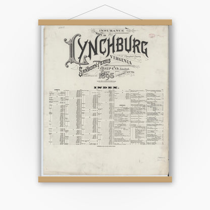 Old map wall art mockup — magnetic wood frame on white wall — Sanborn Fire Insurance Map from Lynchburg, Independent Cities, Virginia (1895), Sheet #0001