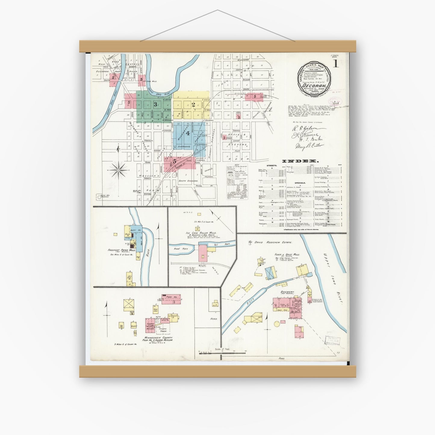 Old map wall art mockup — magnetic wood frame on white wall — Sanborn Fire Insurance Map from Decorah, Winneshiek County, Iowa (1894), Sheet #0001