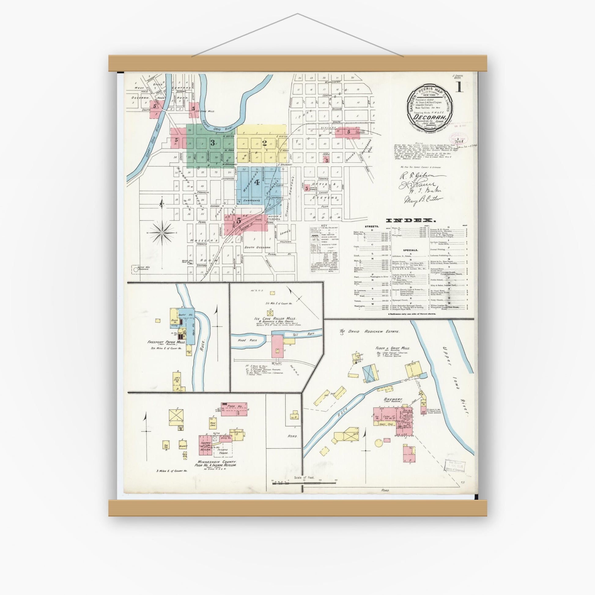 Old map wall art mockup — magnetic wood frame on white wall — Sanborn Fire Insurance Map from Decorah, Winneshiek County, Iowa (1894), Sheet #0001