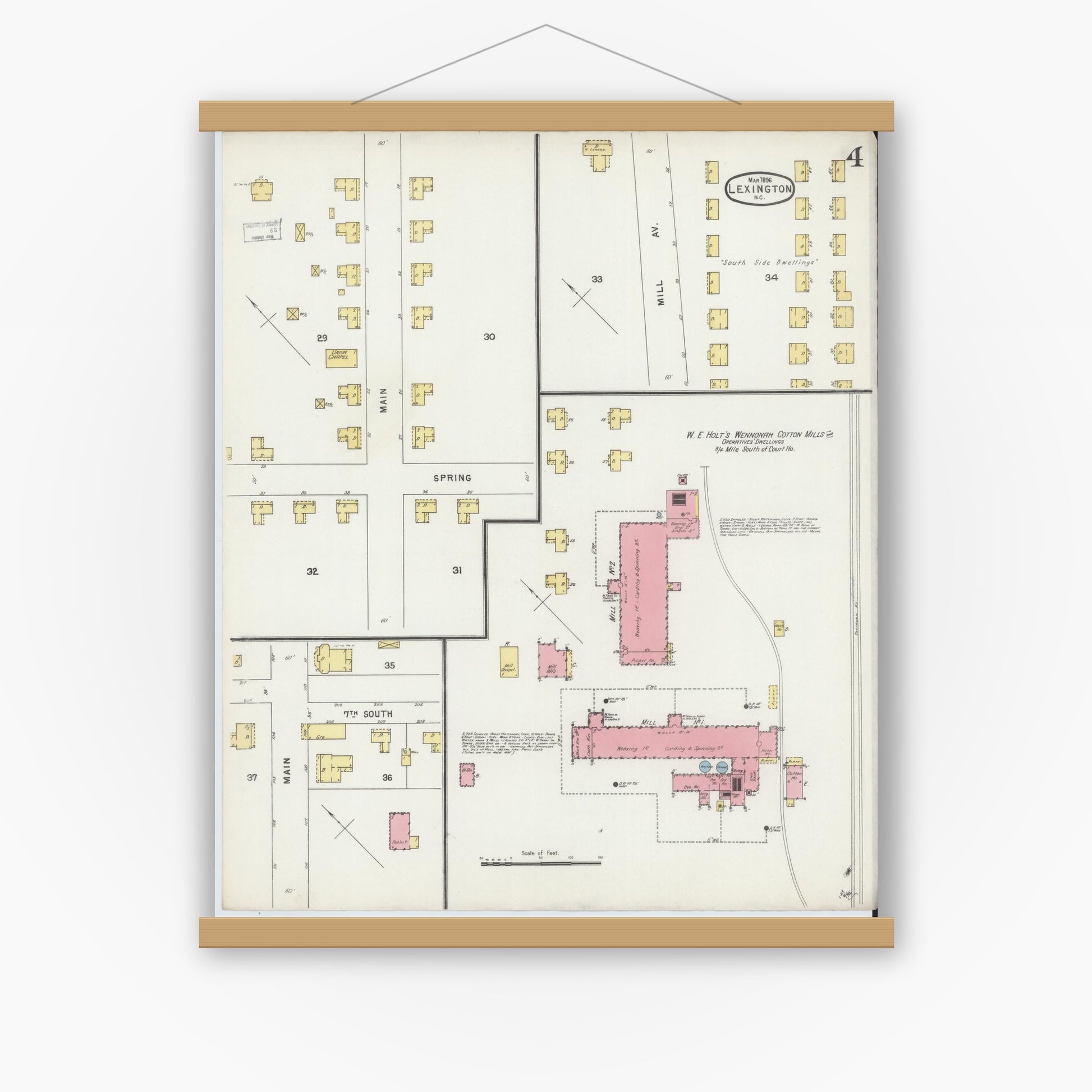 Old map wall art mockup — magnetic wood frame on white wall — Sanborn Fire Insurance Map from Lexington, Davidson County, North Carolina (1896), Sheet #0004