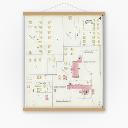 Old map wall art mockup — magnetic wood frame on white wall — Sanborn Fire Insurance Map from Lexington, Davidson County, North Carolina (1896), Sheet #0004