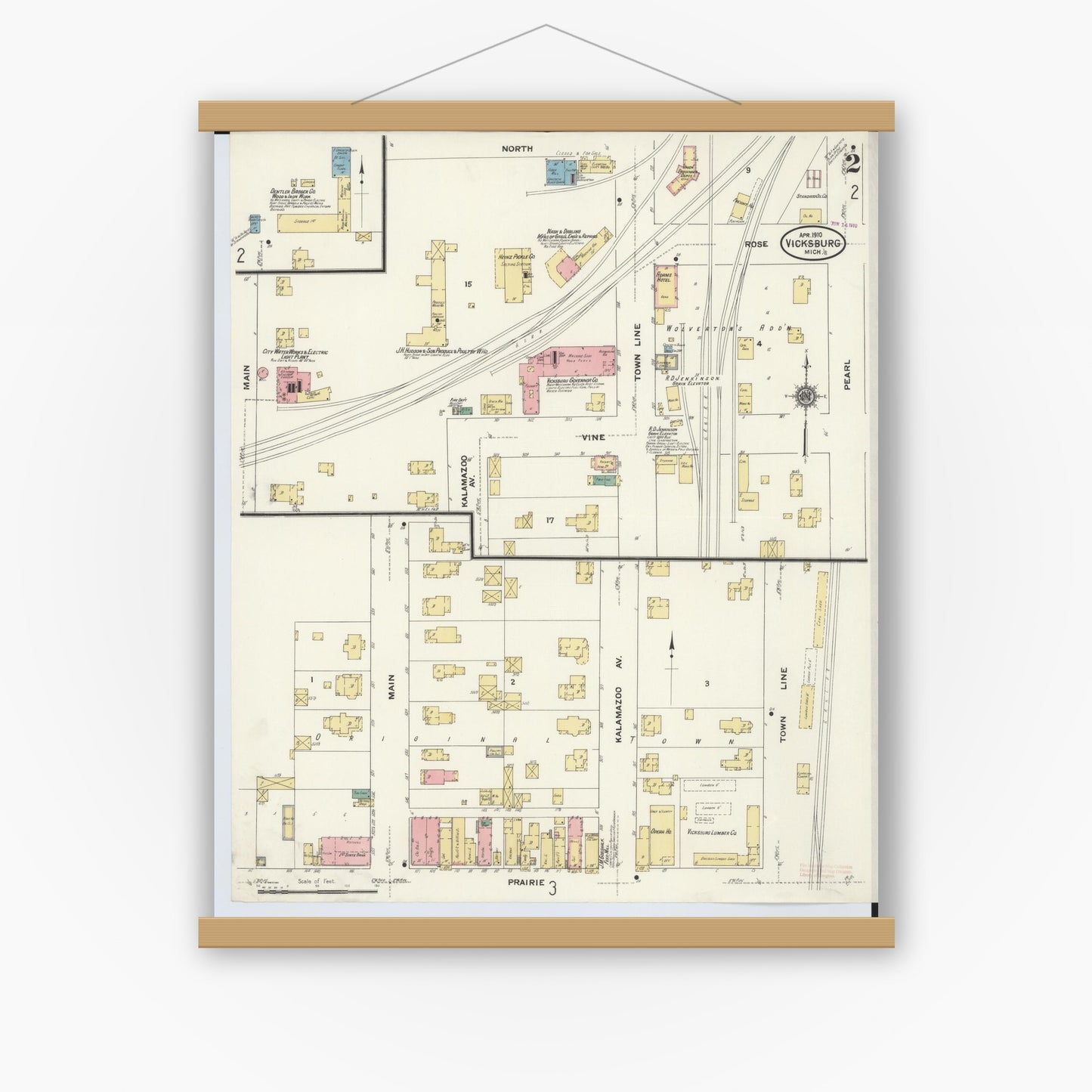 Old map wall art mockup — magnetic wood frame on white wall — Sanborn Fire Insurance Map from Vicksburg, Kalamazoo County, Michigan (1910), Sheet #0002